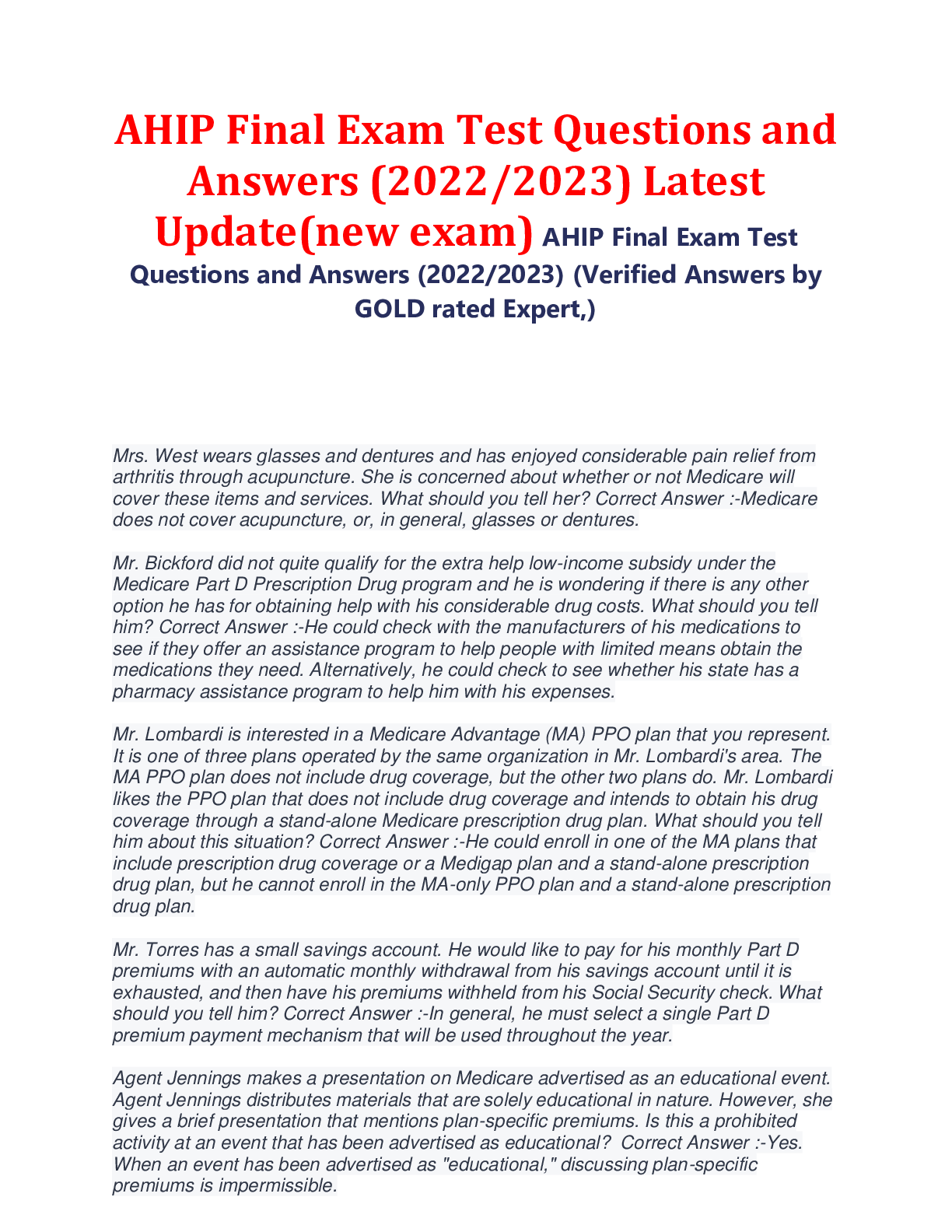 Preview image for AHIP Final Exam Test Questions and Answers (2022/2023) Latest Update(new exam) AHIP Final Exam Test Questions and Answers (2022/2023) (Verified Answers by GOLD rated Expert,)